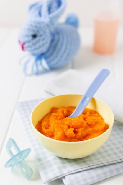high angle bowl with baby food spoon 23 2148580443